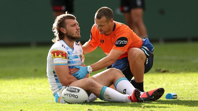 Jai Arrow injured during the Cronulla Sharks v Gold Coast Titans clash at Kogarah Oval. Picture: Phil Hillyard