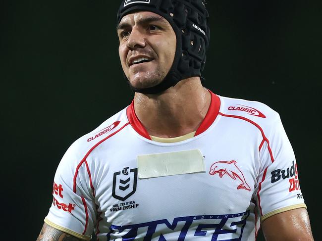 DARWIN, AUSTRALIA - APRIL 19:  Kodi Nikorima of the Dolphins reacts during the round seven NRL match between Parramatta Eels and Dolphins at TIO Stadium on April 19, 2024, in Darwin, Australia. (Photo by Mark Metcalfe/Getty Images)