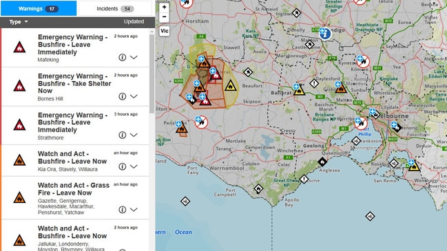 Bushfire warnings in Victoria as at 1pm Boxing Day. Picture: VicEmergency