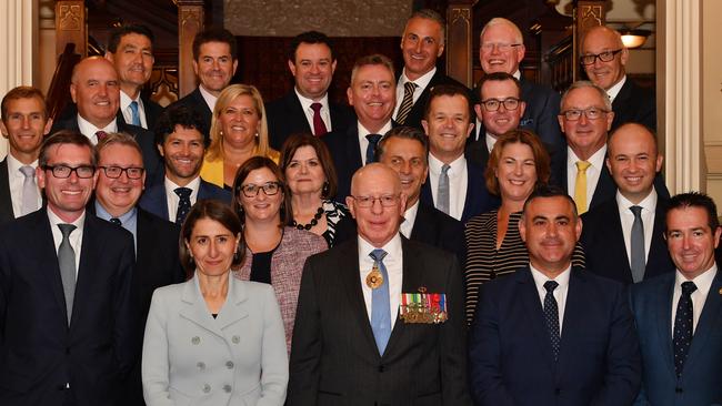 The NSW Cabinet in happier times with Premier Gladys Berejiklian during their swearing in by NSW Governor David Hurley in April 2019. Picture: Dean Lewins/AAP