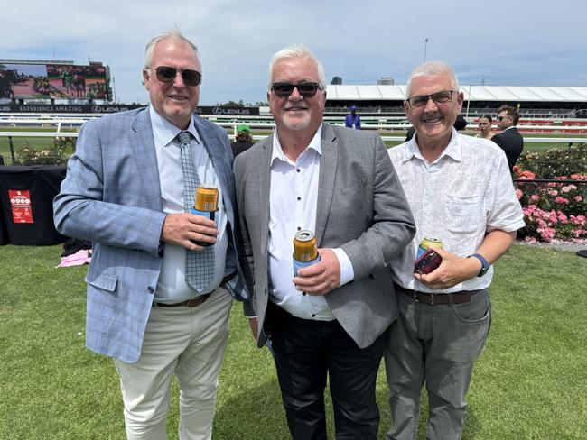 Garry Evans, Mark Nicklen and Tim Webb at Flemington for Derby Day on November 2, 2024. Picture: Phillippa Butt