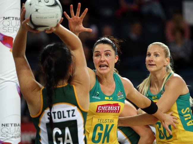 27.08.2016 Australia's Sharni Layton in action during the Netball Quad Series match between South Africa and Australia at Vector Arena in Auckland. Mandatory Photo Credit ©Michael Bradley.