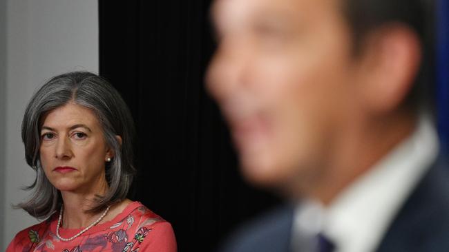 South Australian chief public health officer Dr Nicola Spurrier looks on as South Australian Premier Steven Marshall speaks to the media. Picture: AAP Image/David Mariuz