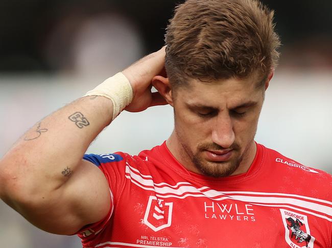 CANBERRA, AUSTRALIA - APRIL 16:  Zac Lomax of the Dragons looks dejected after defeat during the round seven NRL match between Canberra Raiders and St George Illawarra Dragons at GIO Stadium on April 16, 2023 in Canberra, Australia. (Photo by Mark Metcalfe/Getty Images)