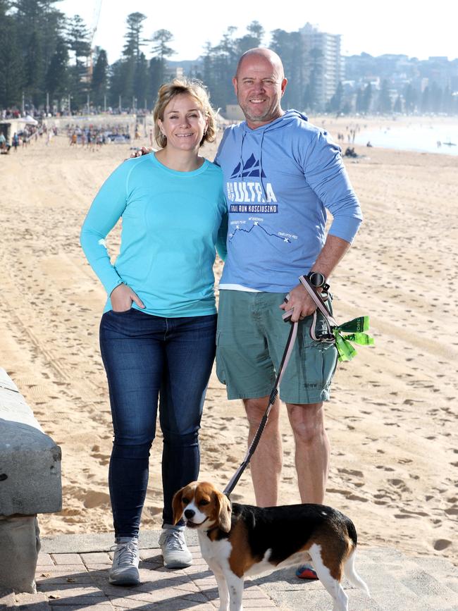 Zali Steggall pictured with her husband Tim Irving at Manly Beach. Picture: Damian Shaw