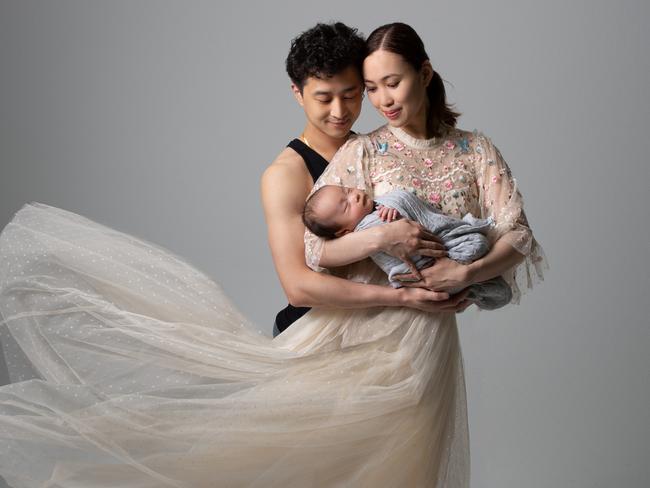 Chengwu Guo, Ako Kondo and baby George. Photo: Rainee Lantry/ Cloud Nine Photography