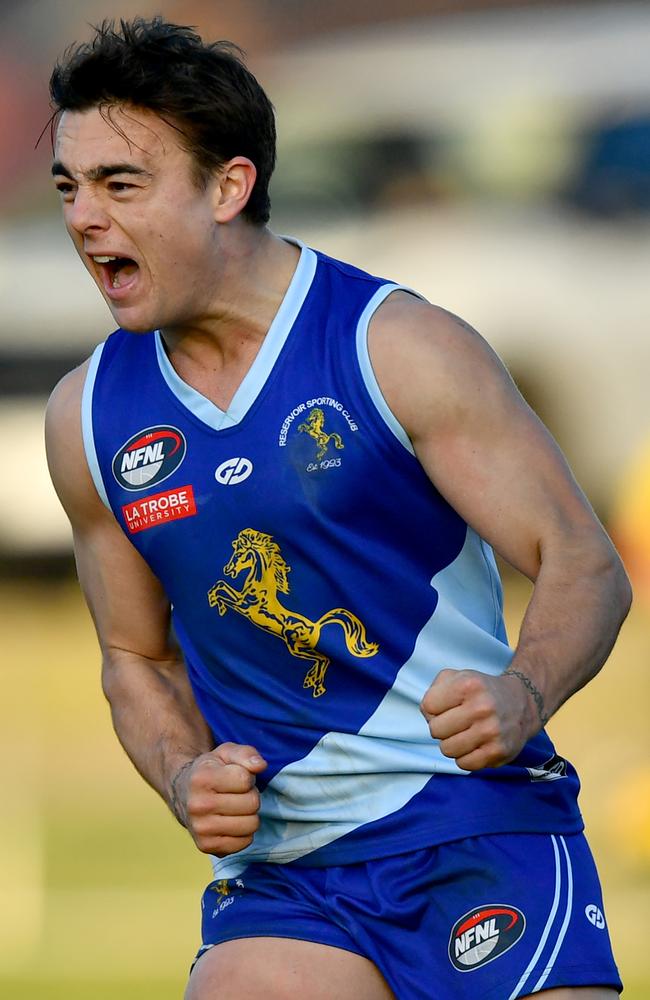 Zechariah Cuppens of Reservoir reacts during the round 13 NFNL Division 3 match against Lalor. (Photo by Josh Chadwick)