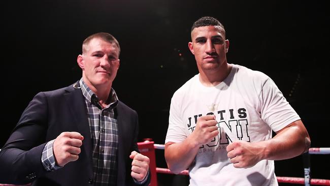 SYDNEY, AUSTRALIA - MAY 26: Paul Gallen (L) and Justis Huni (R) pose after the Australian Heavyweight bout between Justis Huni and Christian Tsoye at ICC Sydney on May 26, 2021 in Sydney, Australia. (Photo by Matt King/Getty Images)