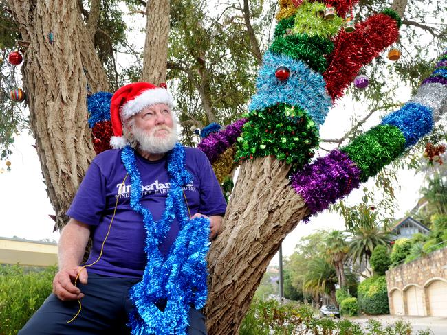 Mr Johnson decorating a roadside tree for Christmas.