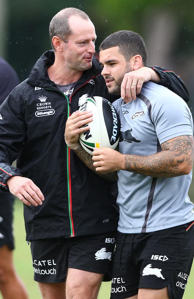 Adam Reynolds and then coach Michael Maguire during a South Sydney Rabbitohs NRL training session in 2014 in Sydney. Picture: Renee McKay/Getty Images