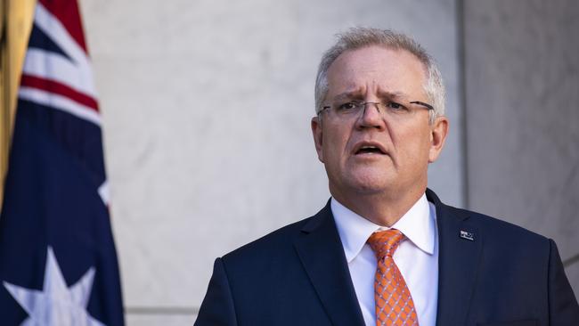 Prime Minister Scott Morrison provides a coronavirus update at a press conference at Parliament House. Picture: NCA NewsWire/ Martin Ollman