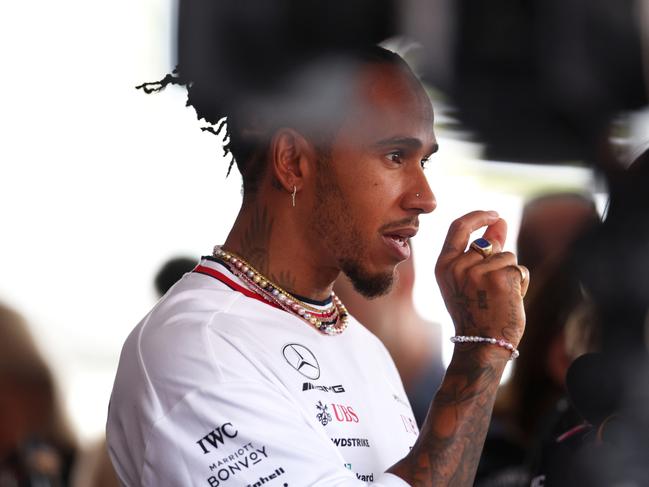 Lewis Hamilton talks to the media at the F1 Grand Prix of Spain at Circuit de Barcelona-Catalunya. Picture: Getty Images