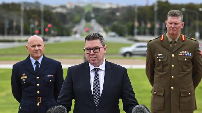 Defence Industry Minister Pat Conroy with Air Marshal Leon Phillips and Major General Richard Vagg at Defence’s Russell Offices in Canberra. Picture: NCA NewsWire / Martin Ollman