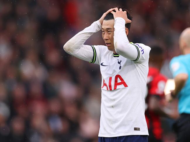 BOURNEMOUTH, ENGLAND - OCTOBER 29: Son Heung-Min of Tottenham Hotspur reacts during the Premier League match between AFC Bournemouth and Tottenham Hotspur at Vitality Stadium on October 29, 2022 in Bournemouth, England. (Photo by Ryan Pierse/Getty Images)