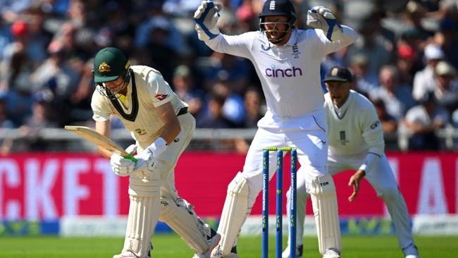 England wicketkeeper Jonny Bairstow appeals for the wicket of Australia’s Marnus Labuschagne. Picture: Getty Images