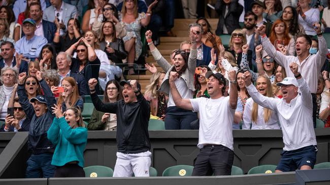 Storm Sanders (second on the left) celebrates Ash Barty’s Wimbledon win over Karolina Pliskova.