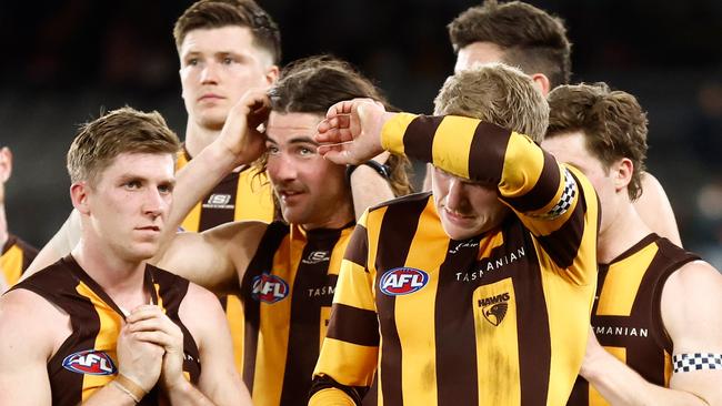 MELBOURNE, AUSTRALIA - JULY 30: James Sicily of the Hawks looks dejected after a loss during the 2023 AFL Round 20 match between the Hawthorn Hawks and the St Kilda Saints at Marvel Stadium on July 30, 2023 in Melbourne, Australia. (Photo by Michael Willson/AFL Photos via Getty Images)