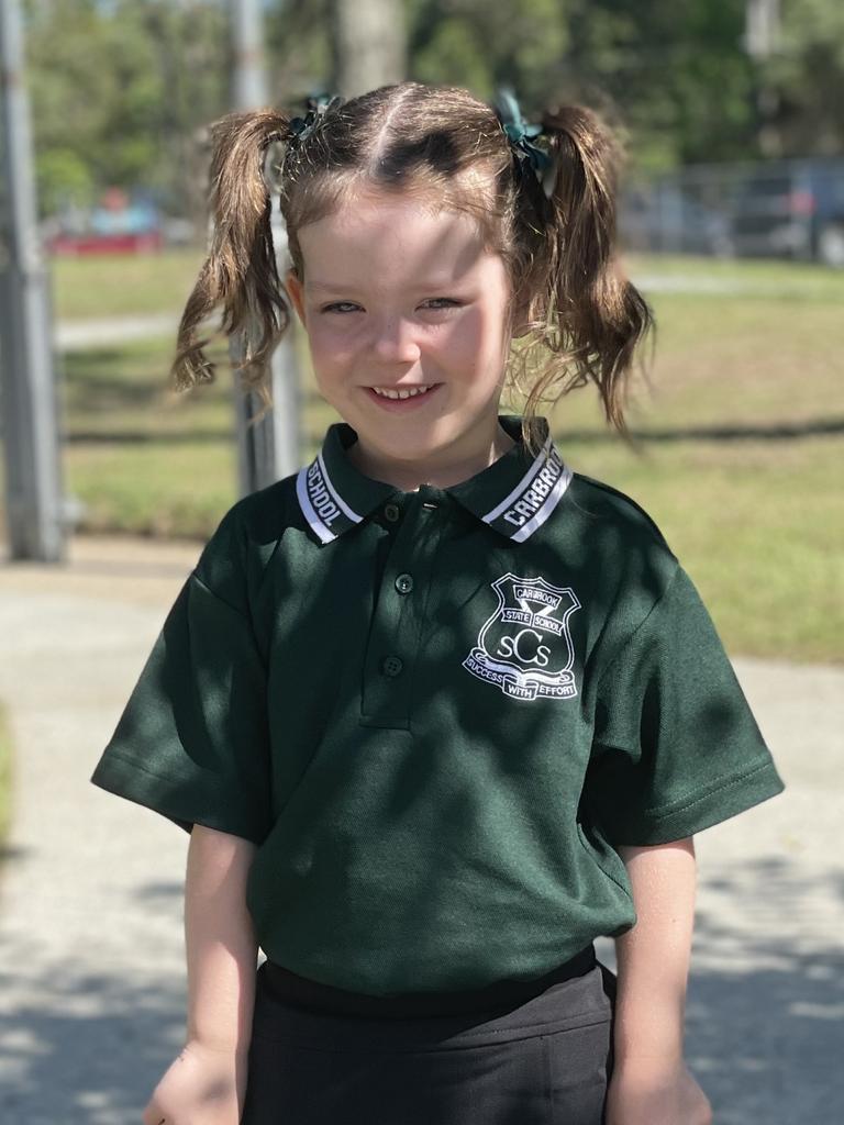 Aurora Carolyn on the first day of school in 2024 at Carbrook State School. Pictures: Elliott Turner