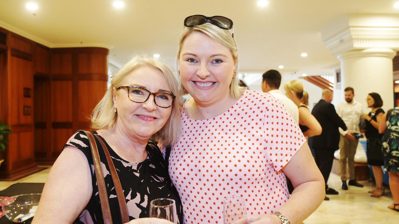 Carol McFarlane and Fiona Nicholl at the Cairns Chamber of Commerce Christmas lunch, held at the Pullman International hotel. Picture: Catherine Duffy