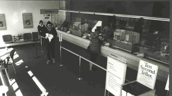 An armed robbery in progress at the Westpac Bank on Sherwood Rd, Sherwood, in July 1998.