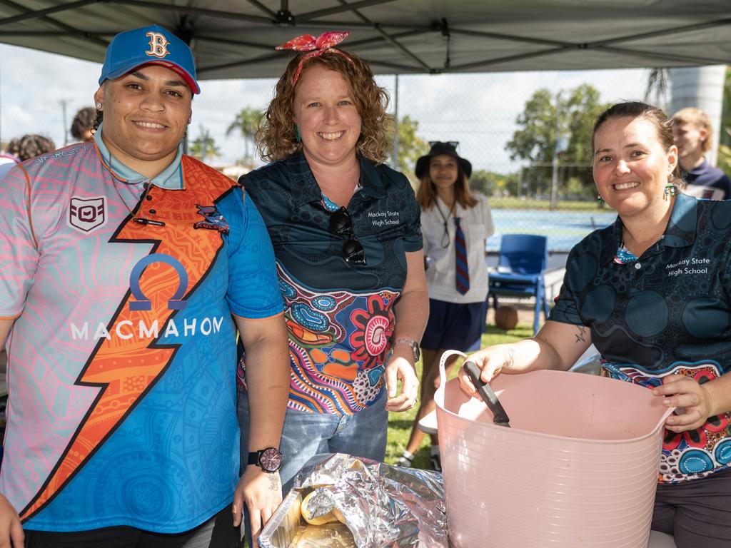 Kahmia Raikaki, Tich Rafter and Cicely Baira at Mackay State High School Friday 21 July 2023 Picture: Michaela Harlow