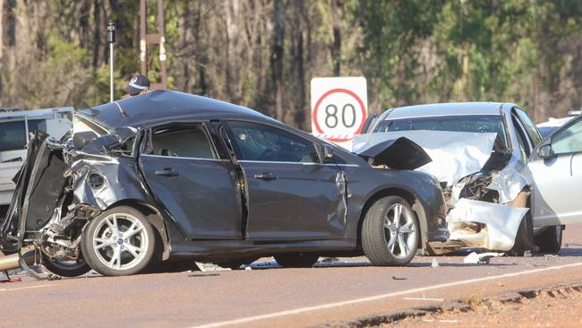 One person has died after a three car crash on the Arnhem Hwy. Picture: Glenn Campbell