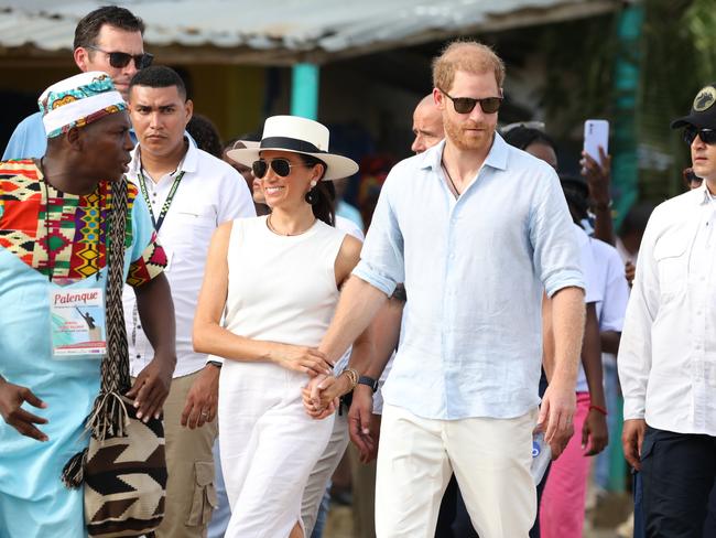 The Sussexes bring Hollywood glamour to the streets of San Basilio de Palenque in Cartagena, Colombia. Picture: Getty Images