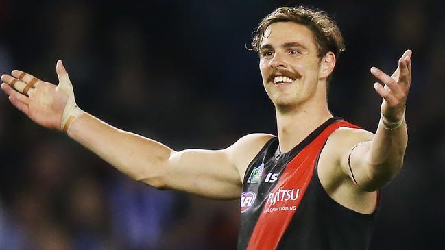 Joe Daniher of the Bombers celebrates a goal.