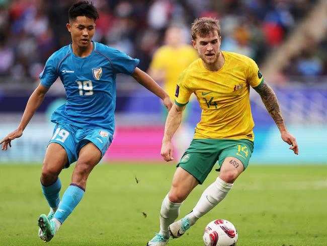 Riley McGree (right) has been named in a national training squad ahead of the Socceroos’ World Cup qualifiers next month against Japan and Saudi Arabia. Picture: Robert Cianflone/Getty Images