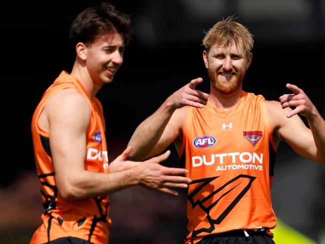 MELBOURNE, AUSTRALIA - NOVEMBER 13: Dyson Heppell of the Bombers gestures during a Essendon Bombers training session at the Hangar on November 13, 2023 in Melbourne, Australia. (Photo by Dylan Burns/AFL Photos via Getty Images)