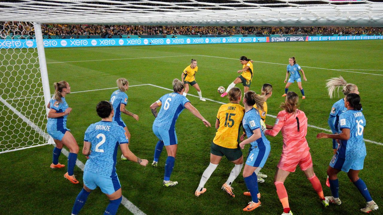 SYDNEY, AUSTRALIA - AUGUST 16: (EDITORS NOTE: In this photo taken from a remote camera from inside the goal.) Sam Kerr of Australia misses a chance during the FIFA Women's World Cup Australia & New Zealand 2023 Semi Final match between Australia and England at Stadium Australia on August 16, 2023 in Sydney, Australia. (Photo by Cameron Spencer/Getty Images)