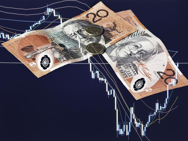 The financial market is having great impact over the markets around the world and the Australian Dollar. In this picture there is a chart of the stock market breakdown and two AUD banknotes and coins, due to the recession caused by Covid-19 flu