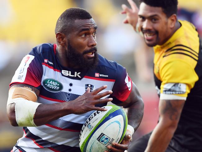 Marika Koroibete of the Rebels chased down by Ardie Savea of the Hurricanes in the Super Rugby match between the Hurricanes and the Rebels at Westpac Stadium in Wellington, New Zealand,Saturday, March 4, 2017. (AAP Image/SNPA, Ross Setford) NO ARCHIVING, EDITORIAL USE ONLY