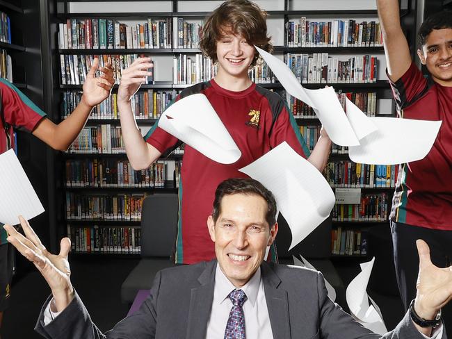 Melbourne High is the best government school in Stonnington. Principal Dr Tony Mordini with year 9 students Kevish, 15, Tobias, 15 and Krish, 15.  Picture: Alex Coppel.