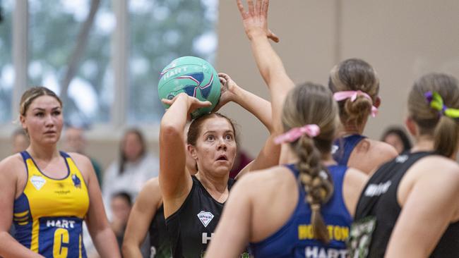 Darling Downs Panthers goal attack Georgia Lindsay lines up a shot during her side’s 2024 Hart Sapphire Series Ruby division match against Bond University Bull Sharks. Picture: Kevin Farmer