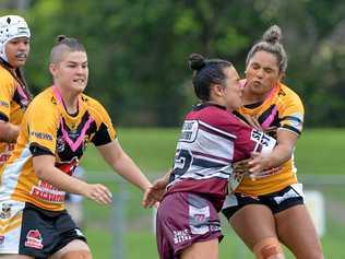 RUGBY LEAGUE: Central Division 47th Battalion Memorial Trophy Carnival, Bundaberg's Jazzman Melling being tackled. Picture: Patrick Woods