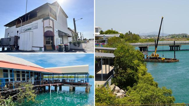 The owners and tenants of Paxton's Warehouse in River St, Mackay (top left) have been given a notice to vacate the premises after it was deemed unsafe for occupation. Don Daniel’s (bottom left) was shut in late 2020. And (bottom right): Mackay Regional Council has begun construction on a floating river pontoon. Picture: Heidi Petith