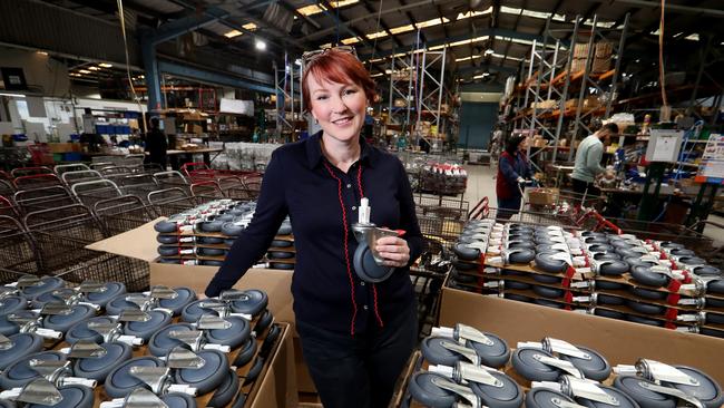 28/04/2020 Jo Fallshaw, Managing director of Fallshaw Wheels & Castors at her factory in Melbourne with castors for special flat pack beds that will be used in the fight against COVID. Picture: David Geraghty / The Australian.