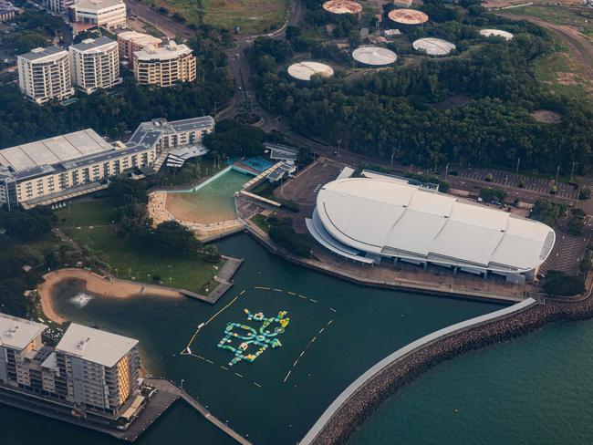 Ariel view of Darwin Waterfront as DC-3 Douglas, owned by Stefan Wood, took to the skies over Darwin on Anzac Day, 2025. Picture: Pema Tamang Pakhrin