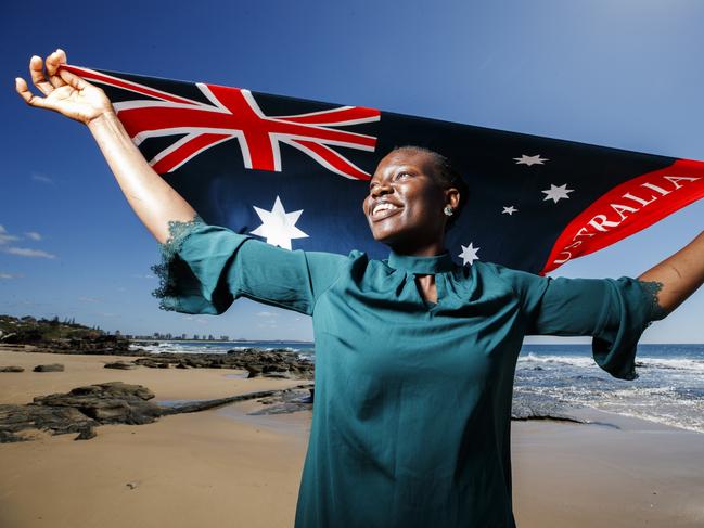 Inspirational Sunshine Coast Lighting Netballer Peace Proscovia on the beach at Mooloolaba. Photo Lachie Millard