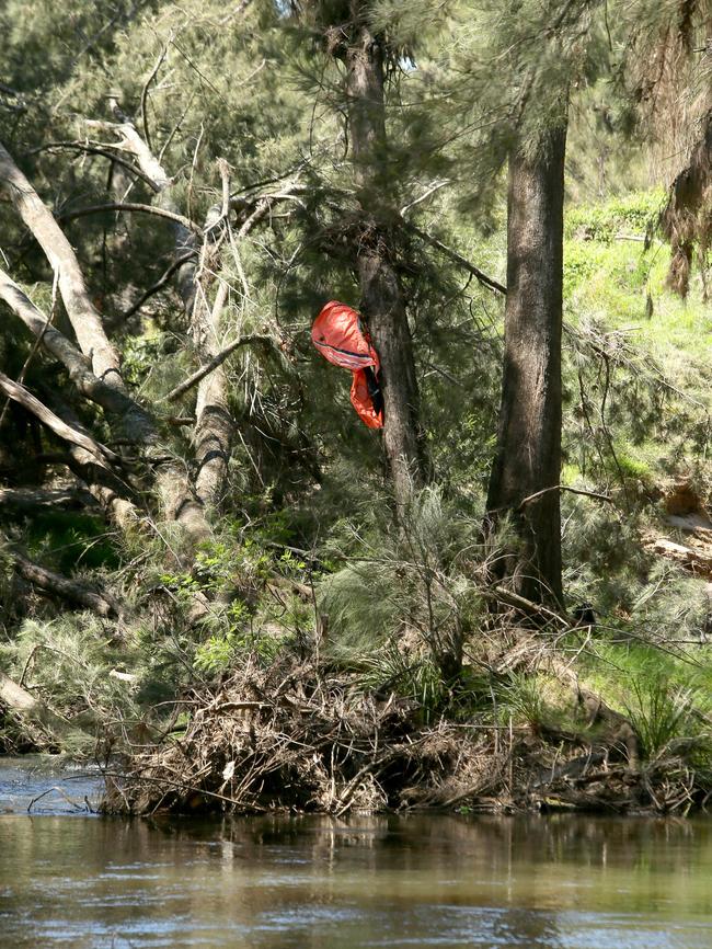 A deflated inflatable raft hangs in the trees.