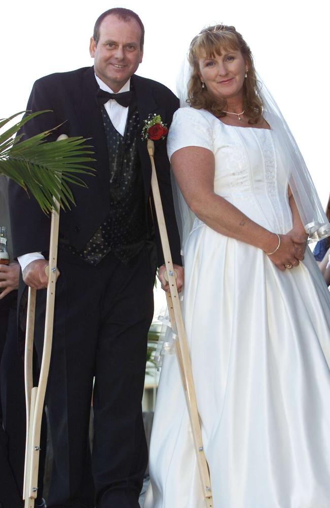 Trevor Probert and Kate Maher at Bli Bli Waterfront Hotel. Trevor went down the aisle on crutches in 2002. Picture: Nicholas Falconer