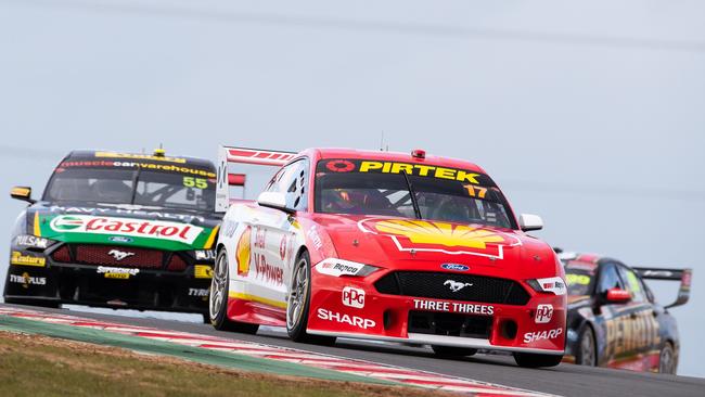 Scott McLaughlin won race 21 of Supercars at the OTR SuperSprint at The Bend head of Chaz Mostert and Anton de Pasquale. Picture: Daniel Kalisz/Getty Images