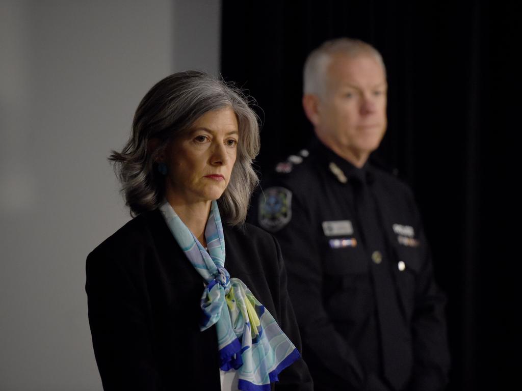 Chief Public Health Officer Professor Nicola Spurrier and Police Commissioner Grant Stevens watch on as Premier Steven Marshall speaks at a press conference. Picture: NCA NewsWire / Naomi Jellicoe