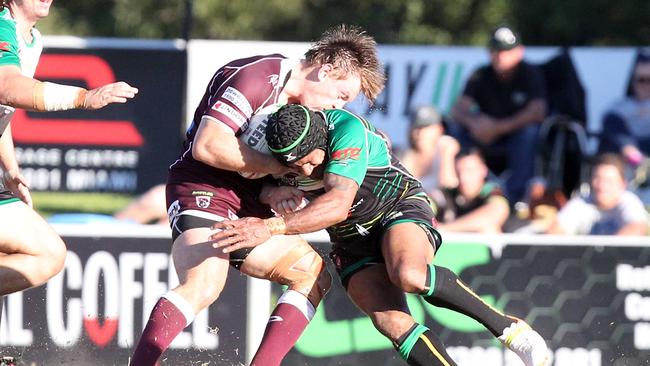 Jake Gleeson tackled. 16 May 2021 Miami Picture by Richard Gosling