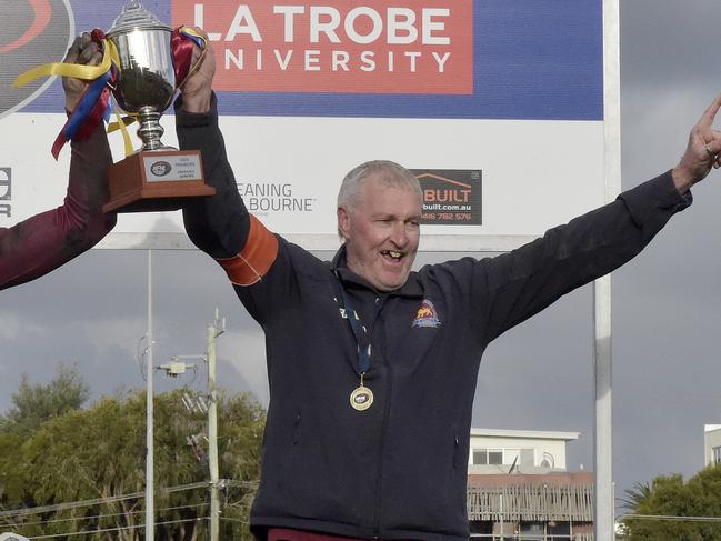 NFNL Division 2 MC Labour Seniors, Grand Final.  South Morang VS Diamond Creek played at Preston City Oval, Preston, Victoria, Saturday 14th September 2024. South Morang Captain Tye Hall and Coach Gary Hall hold the premiership cup. Picture: Andrew Batsch