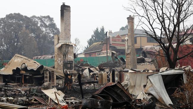 Buildings destroyed by bushfire in the NSW town of Cobargo. Picture: Jonathan Ng