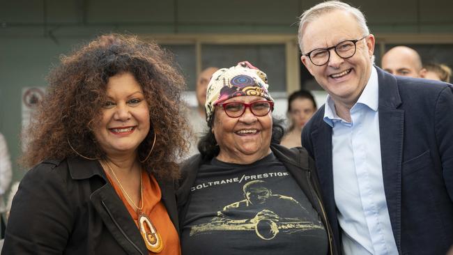 Prime Minister Anthony Albanese with the Assistant Minister for Indigenous Australians, Malarndirri McCarthy (left), and a member of the Ashfield Uniting Church congregation. Picture: NCA NewsWire/Monique Harmer