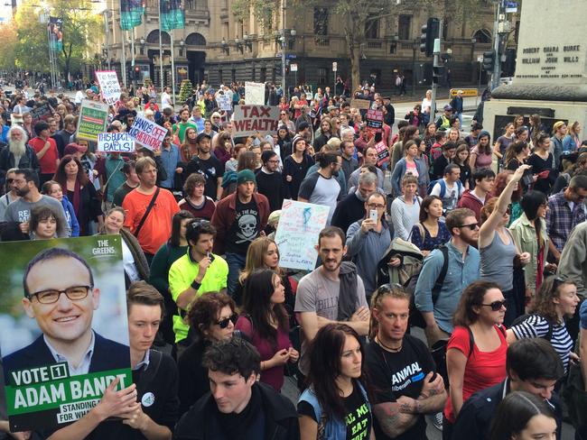 Protesters march in Melbourne in reaction to the Federal Budget. Picture: Eugene Hyland.