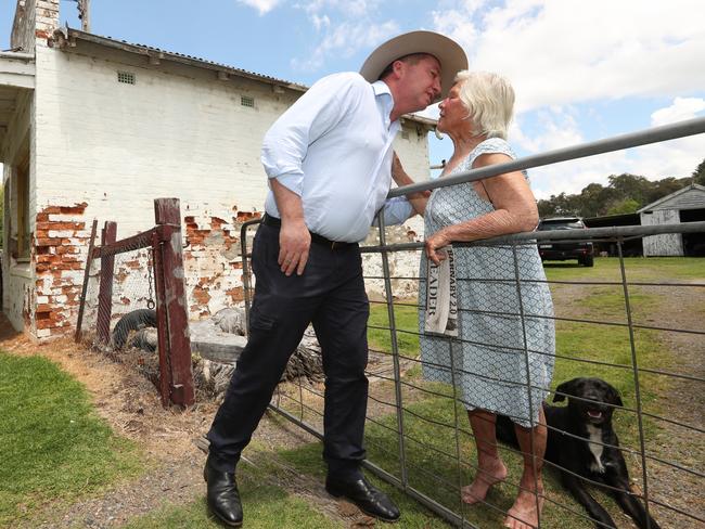 Former Deputy PM Barnaby Joyce on the campaign hustings has a surprise meeting with an old friend Mrs Jill Skewes. Picture: Lyndon Mechielsen/The Australian